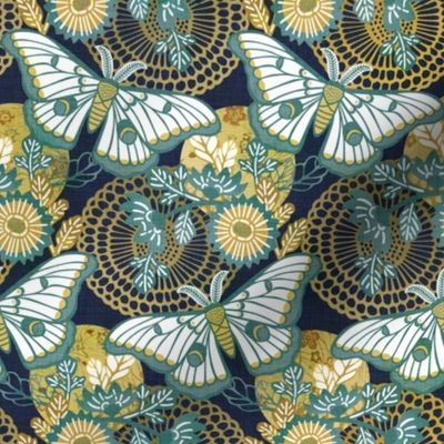 Marvelous Moths- Vintage Japanese Floral With Moth- Butterfly- Insects- Bugs- Teal and Gold Butterflies on Indigo Blue Background- Small