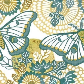 Marvelous Moths- Vintage Japanese Floral With Moth- Butterfly- Insects- Bugs- Teal and Gold Butterflies on White Background- Large