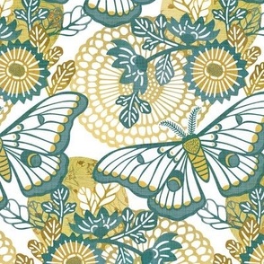 Marvelous Moths- Vintage Japanese Floral With Moth- Butterfly- Insects- Bugs- Teal and Gold Butterflies on White Background- Medium