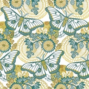 Marvelous Moths- Vintage Japanese Floral With Moth- Butterfly- Insects- Bugs- Teal and Gold Butterflies on White Background- Small