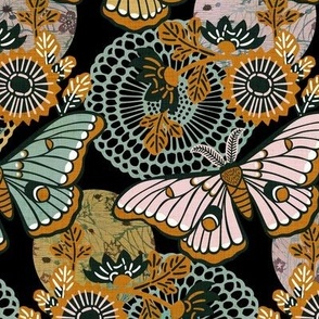 Marvelous Moths- Vintage Japanese Floral With Moth- Butterfly- Insects- Bugs- Teal Gold and Pink Butterflies on Black Background- Petal Solid Coordinate- Cotton Candy- Honey- Desert Sun- Medium
