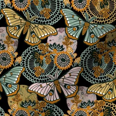 Marvelous Moths- Vintage Japanese Floral With Moth- Butterfly- Insects- Bugs- Teal Gold and Pink Butterflies on Black Background- Petal Solid Coordinate- Cotton Candy- Honey- Desert Sun- Small