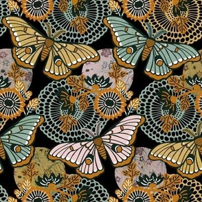 Marvelous Moths- Vintage Japanese Floral With Moth- Butterfly- Insects- Bugs- Teal Gold and Pink Butterflies on Black Background- Petal Solid Coordinate- Cotton Candy- Honey- Desert Sun- Small