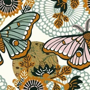 Marvelous Moths- Vintage Japanese Floral With Moth- Butterfly- Insects- Bugs- Teal Gold and Pink Butterflies on Off White Background- Petal Solid Coordinate- Cotton Candy- Honey- Desert Sun- Large