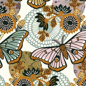 Marvelous Moths- Vintage Japanese Floral With Moth- Butterfly- Insects- Bugs- Teal Gold and Pink Butterflies on Off White Background- Petal Solid Coordinate- Cotton Candy- Honey- Desert Sun- Medium