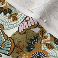 Marvelous Moths- Vintage Japanese Floral With Moth- Butterfly- Insects- Bugs- Teal Gold and Pink Butterflies on Off White Background- Petal Solid Coordinate- Cotton Candy- Honey- Desert Sun- Small