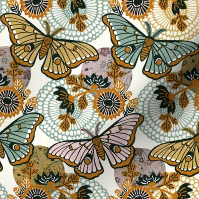 Marvelous Moths- Vintage Japanese Floral With Moth- Butterfly- Insects- Bugs- Teal Gold and Pink Butterflies on Off White Background- Petal Solid Coordinate- Cotton Candy- Honey- Desert Sun- Small