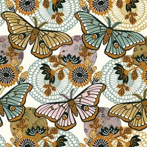 Marvelous Moths- Vintage Japanese Floral With Moth- Butterfly- Insects- Bugs- Teal Gold and Pink Butterflies on Off White Background- Petal Solid Coordinate- Cotton Candy- Honey- Desert Sun- Small