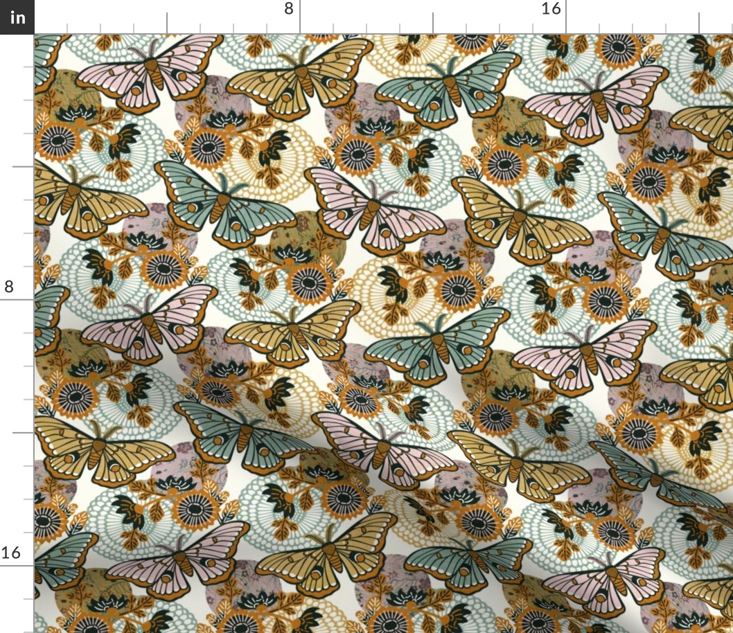 Marvelous Moths- Vintage Japanese Floral With Moth- Butterfly- Insects- Bugs- Teal Gold and Pink Butterflies on Off White Background- Petal Solid Coordinate- Cotton Candy- Honey- Desert Sun- Small