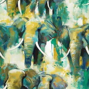 Elephants- Abstract Painted - Gold/Green Wallpaper 