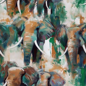 Elephants- Abstract Painted - Teal/Brown Wallpaper 