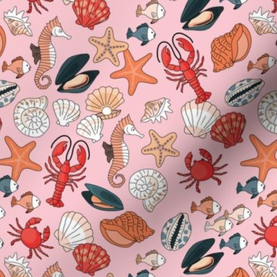 Under the sea - sea horse summer starfish lobster shell mussels and oyster freehand ink design  red orange beige on pink