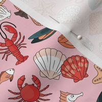 Under the sea - sea horse summer starfish lobster shell mussels and oyster freehand ink design  red orange beige on pink