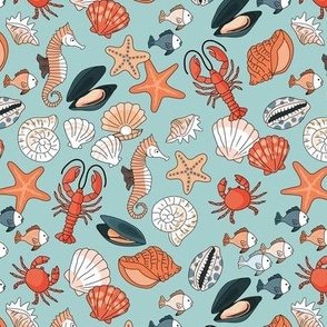 Under the sea - sea horse summer starfish lobster shell mussels and oyster freehand ink design  red orange beige on blue