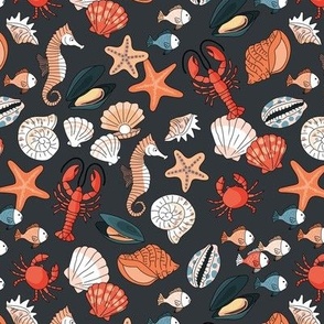Under the sea - sea horse summer starfish lobster shell mussels and oyster freehand ink design  red orange beige on pink