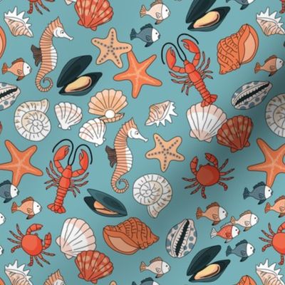 Under the sea - sea horse summer starfish lobster shell mussels and oyster freehand ink design red orange blush on moody blue