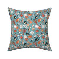 Under the sea - sea horse summer starfish lobster shell mussels and oyster freehand ink design red orange blush on moody blue