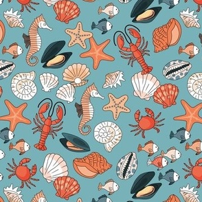 Under the sea - sea horse summer starfish lobster shell mussels and oyster freehand ink design red orange blush on moody blue