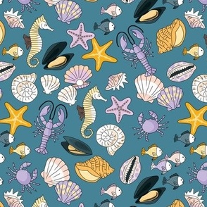 Under the sea - sea horse summer starfish lobster shell mussels and oyster freehand ink design lilac purple yellow on classic blue