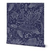 Hand Drawn Ocean Turtles, Fish And Coral White On Navy Blue Large