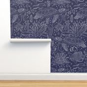 Hand Drawn Ocean Turtles, Fish And Coral White On Navy Blue Large