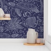 Hand Drawn Ocean Turtles, Fish And Coral White On Navy Blue Large