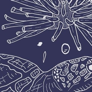 Hand Drawn Ocean Turtles, Fish And Coral White On Navy Blue Large