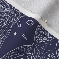 Hand Drawn Ocean Turtles, Fish And Coral White On Navy Blue Medium