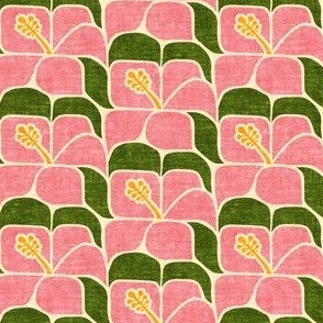(small scale) Tropical Hibiscus - Retro Pink and Green - Geometric - LAD23