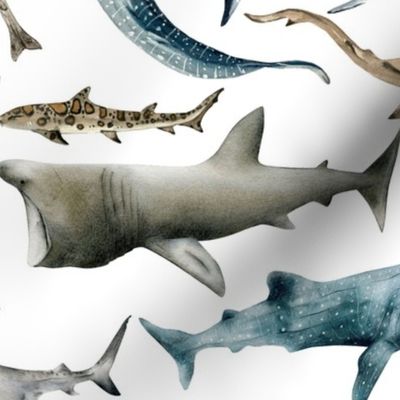 Large / Watercolor Sharks