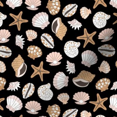 Shells and starfish - summer ocean shore island vibes beach sea theme caramel blush beige on black