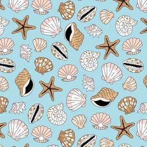 Shells and starfish - summer ocean shore island vibes beach sea theme caramel blush beige on soft blue