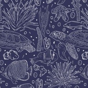 Hand Drawn Ocean Turtles, Fish And Coral White On Navy Blue Small