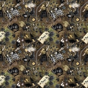 Vintage Alice in Wonderland in black and gold on a brown handwriting background