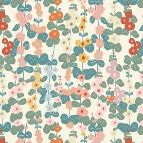Modern abstract floral, Soft Pastel Whimsical,  Bold Spring Floral, hollyhock Flowers// Small Scale