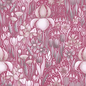 LARGE SCALE spring meadow of bulb flowers | deep pink