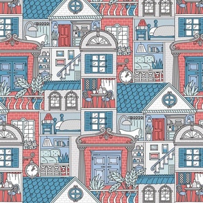 Doll houses doodle. Blue-red. Small