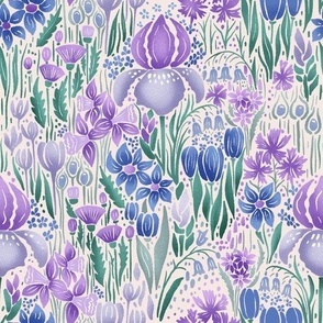 spring meadow of bulb flowers| blue, purple, green