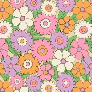 Groovy retro flower power in lilac, pink and orange - Small scale