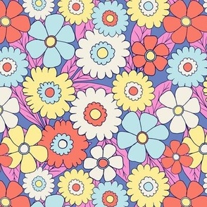 Groovy retro flower power in blue, red and yellow - Small scale