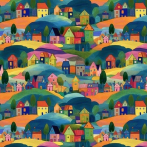 Happy Houses on Hills 3 yellow blue