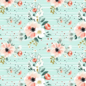 Painted Garden -Coral- White Stripes on Mint - New for 2023