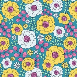 Cute romantic vintage flowers in teal and yellow - Small scale