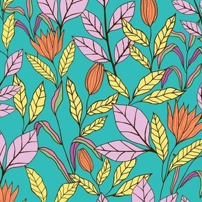 Tropical leaves and flowers in teal - Small scale