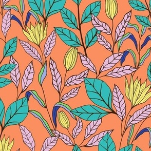 Tropical leaves and flowers in orange - Small scale