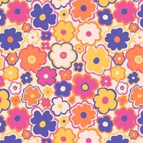 Hippie retro 70s flowers in pink, yellow and blue - Small scale