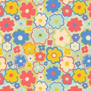 Hippie retro 70s flowers in blue, yellow and red - Small scale