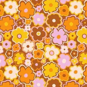 Hippie retro 70s flowers in brown, yellow and lavender - Small scale