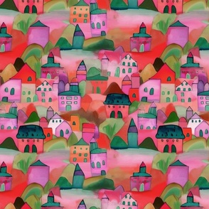 Happy Houses On Hills  mint and magenta