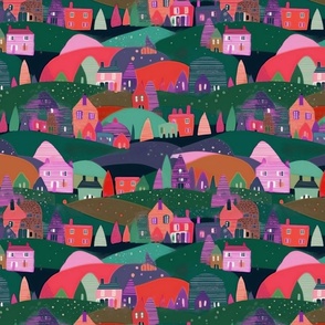 Happy Houses on Hills 4 mint and magenta red